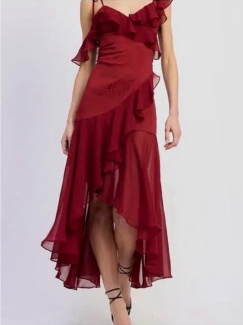 En Saison Burgundy Ruffled High-Low Chiffon Dress